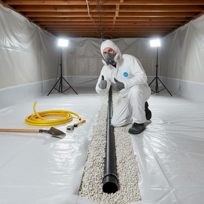 A professional French drain contractor inspects a newly installed system in a crawl space, giving a sign of approval for quality work.