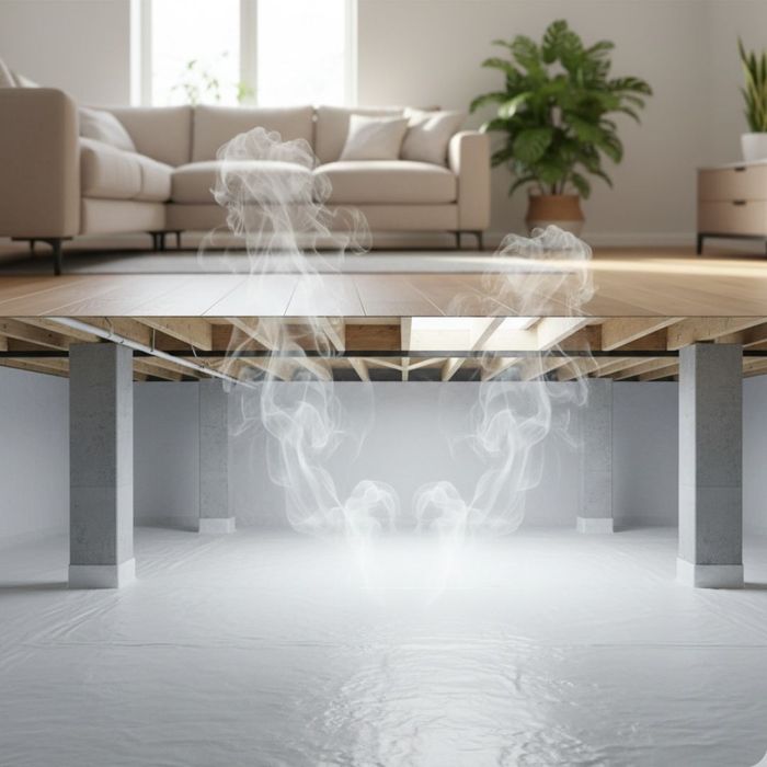 Clean air visibly rises from an immaculate crawl space into a brightly lit living room, symbolizing improved air quality.