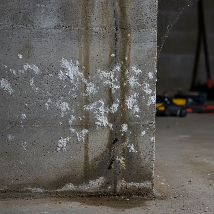 A concrete foundation wall shows signs of water damage with white efflorescence, dark streaks, and a crack.