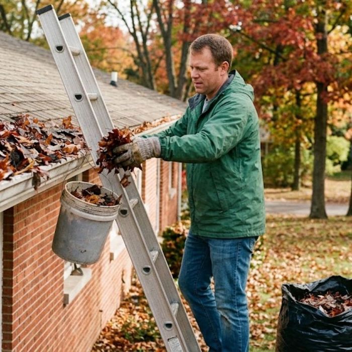 Man on ladder cleaning autumn leaves from roof gutters