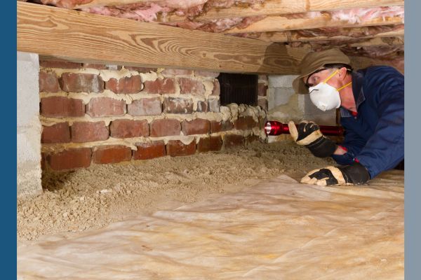 A worker using  a flashlight to inspect a crawlspace