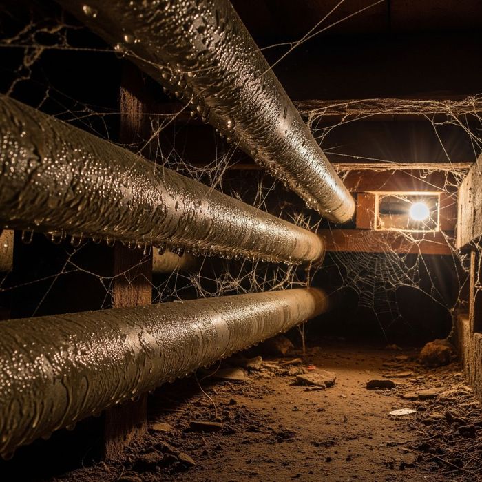 Condensation forming on pipes inside a dark crawl space. Condensation forming on pipes inside a dark crawl space.
