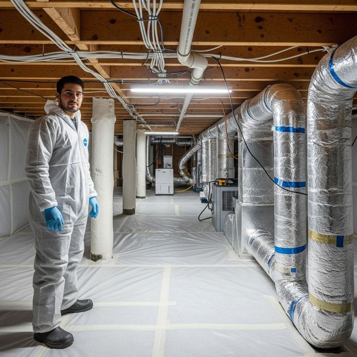 A person standing in a professionally encapsulated crawl space