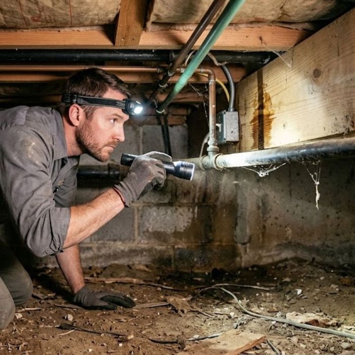 Home inspector with headlamp inspecting crawl space ductwork