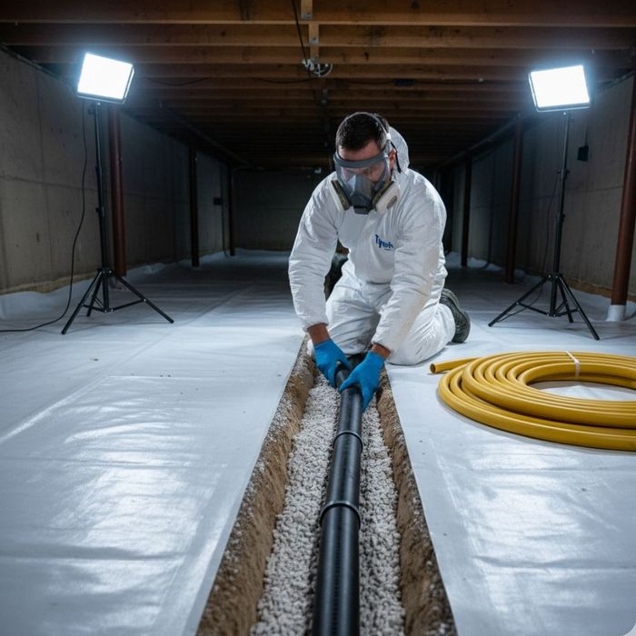 A worker places a perforated pipe into a gravel-filled trench in a crawl space.