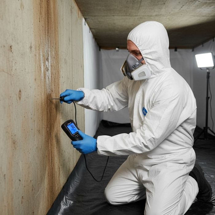 A technician uses a moisture meter to check for dampness on a crawl space wall.