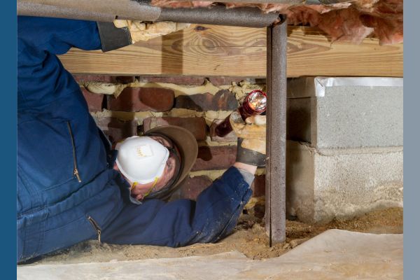 Worker inspecting a french drain line 