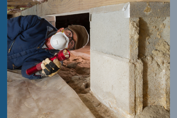 man inspecting a crawlspace. 