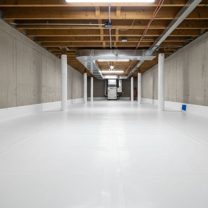 A wide view of a crawl space with a new white vapor barrier covering the entire floor and extending up the concrete foundation walls. A wide view of a crawl space with a new white vapor barrier covering the entire floor and extending up the concrete foundation walls.