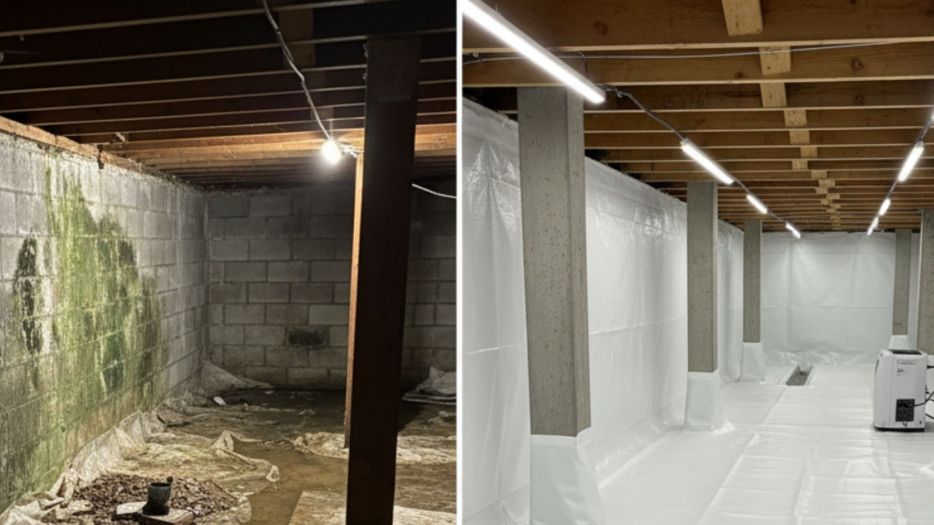 A vivid split image contrasting a neglected, damp crawl space with a clean, encapsulated, and healthy one.