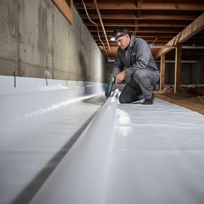 A professional in a grey jumpsuit and headlamp kneels in a crawl space, using a tool to carefully install a white vapor barrier along a concrete wall. A professional in a grey jumpsuit and headlamp kneels in a crawl space, using a tool to carefully install a white vapor barrier along a concrete wall.