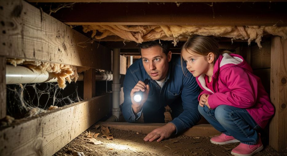 An adult and child inspecting a home's crawl space.
