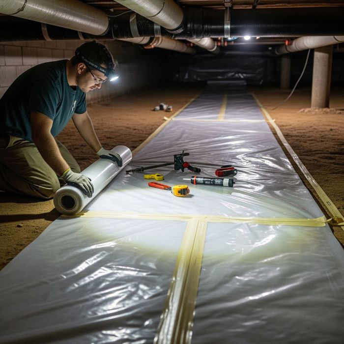 A technician installing a vapor barrier