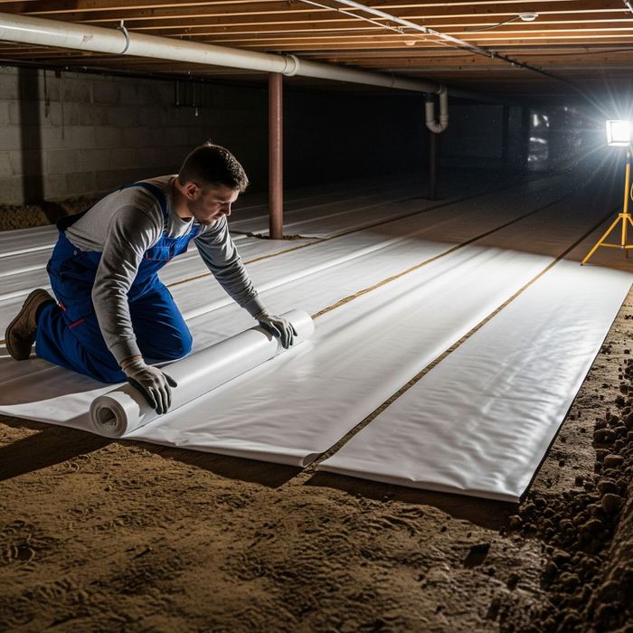 A professional installing a white vapor barrier in a crawl space.