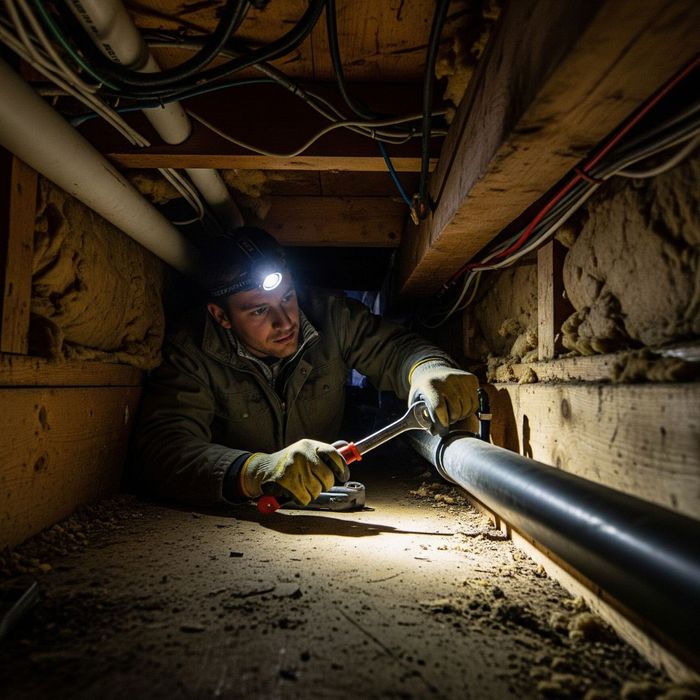 A person using a tool in a crawl space