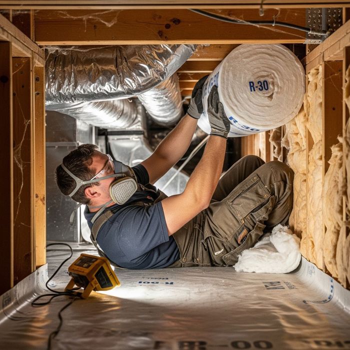 An expert carefully installing new crawl space insulation