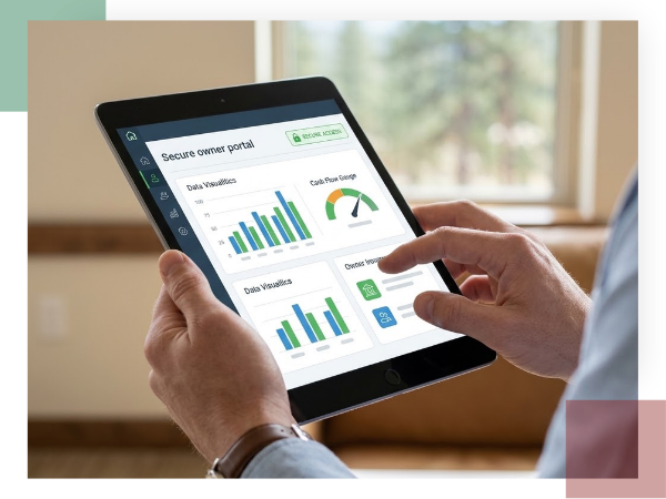A close-up photo of an investor's hands holding a tablet showing a secure owner portal with simplified financial charts and a green padlock icon, symbolizing transparent financial reporting.