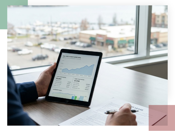 Close-up of a property manager reviewing a lease and data-visualization graphs on a tablet screen, illustrating comprehensive management solutions.