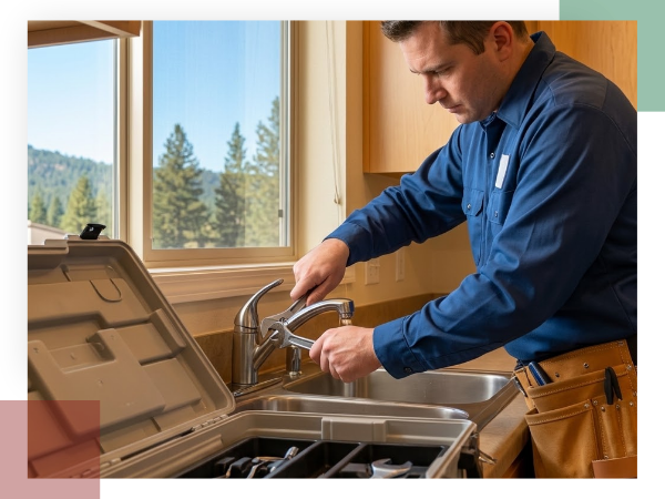 A close-up of a maintenance technician in a blue uniform repairing a kitchen faucet, representing responsive, cost-effective in-house maintenance.