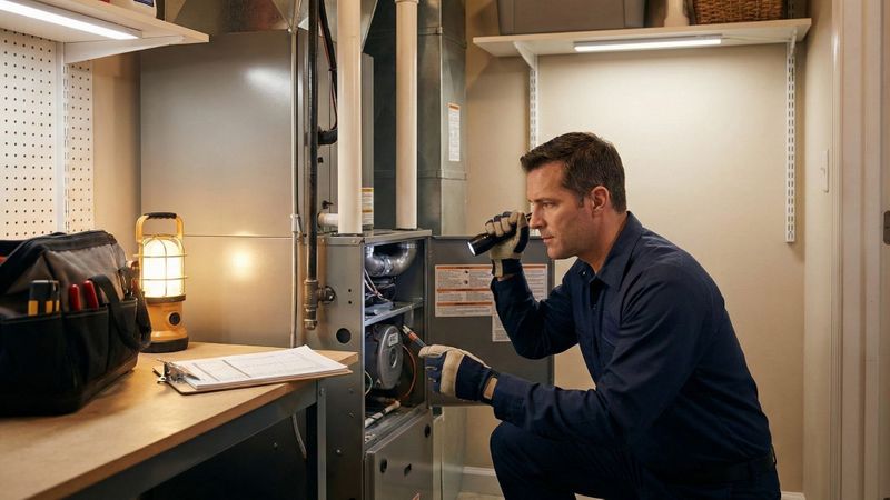 HVAC technician performing a professional inspection and maintenance check on a residential furnace. HVAC technician performing a professional inspection and maintenance check on a residential furnace.