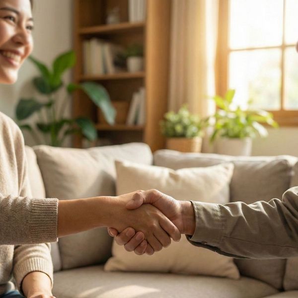 Homeowner and HVAC technician shaking hands to signify trust and a long-term service relationship.