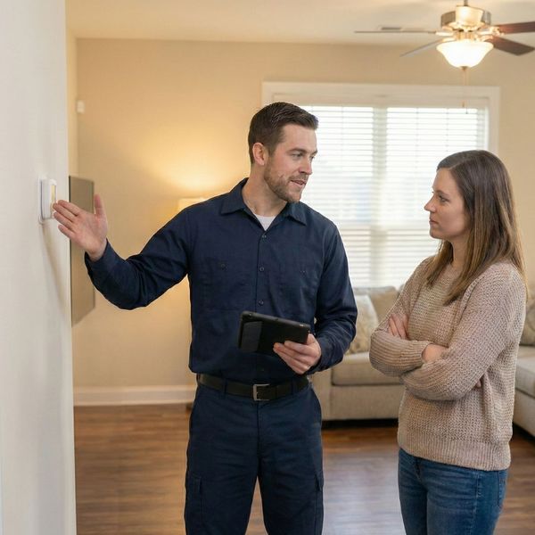 HVAC tech explaining a problem to a homeowner