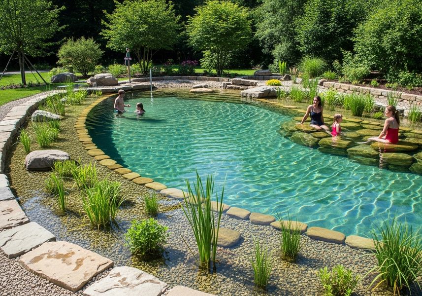 A family enjoys a natural swimming pool surrounded by lush greenery. The pool features clear, turquoise water and natural stone edging, creating a serene and inviting environment. Natural Swimming Pool with Family