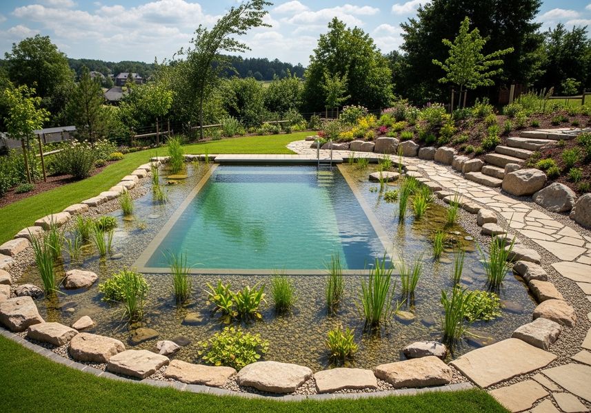 An above angle shot showcases a rectangular natural swimming pool harmoniously integrated into a lush garden setting. The pool's design features a clear swimming area surrounded by a shallow, plant-filled zone that naturally filters the water. Rocks edge the pool and lead to a winding stone path and steps, complementing the diverse greenery and colorful flowers in the background, creating a tranquil, eco-friendly retreat. Natural Swimming Pool Oasis