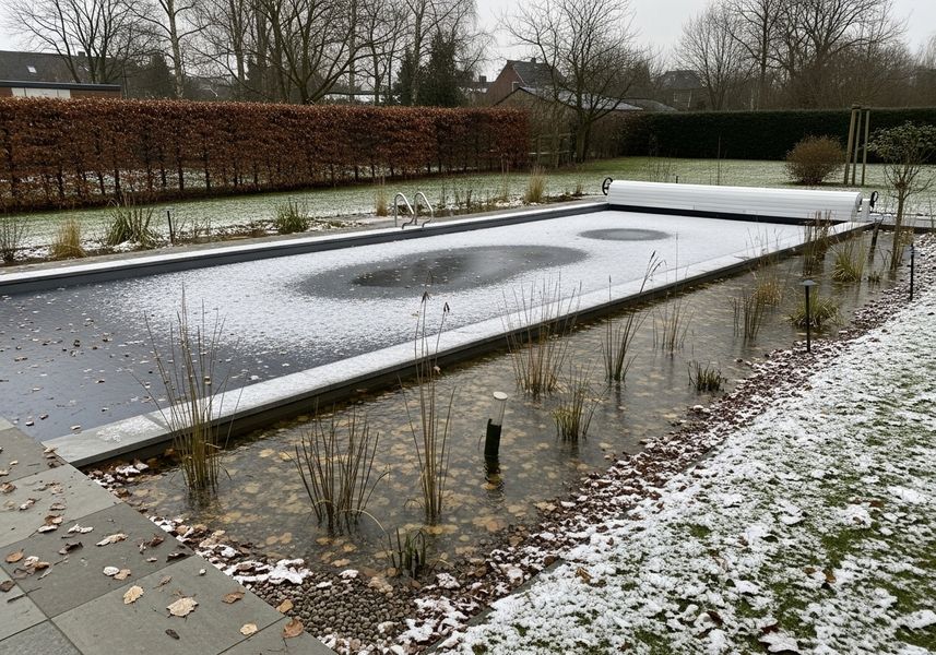 A rectangular swimming pool covered with a gray tarp and a dusting of snow sits in a backyard in winter. The pool cover has two spots where the snow has melted, revealing dark circles. A narrow trough of water runs along the side of the pool, filled with tall grasses. The pool is surrounded by a lawn with a light dusting of snow and a tall hedge in the background. The sky is gray and overcast. Snowy Swimming Pool in Winter