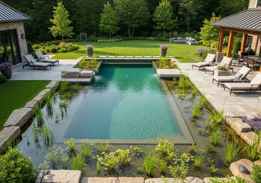 An outdoor in-ground swimming pool surrounded by lush landscaping, including grasses, lily pads, flagstone and a manicured lawn, providing a serene and luxurious backyard experience. Luxury Outdoor Pool and Landscaping