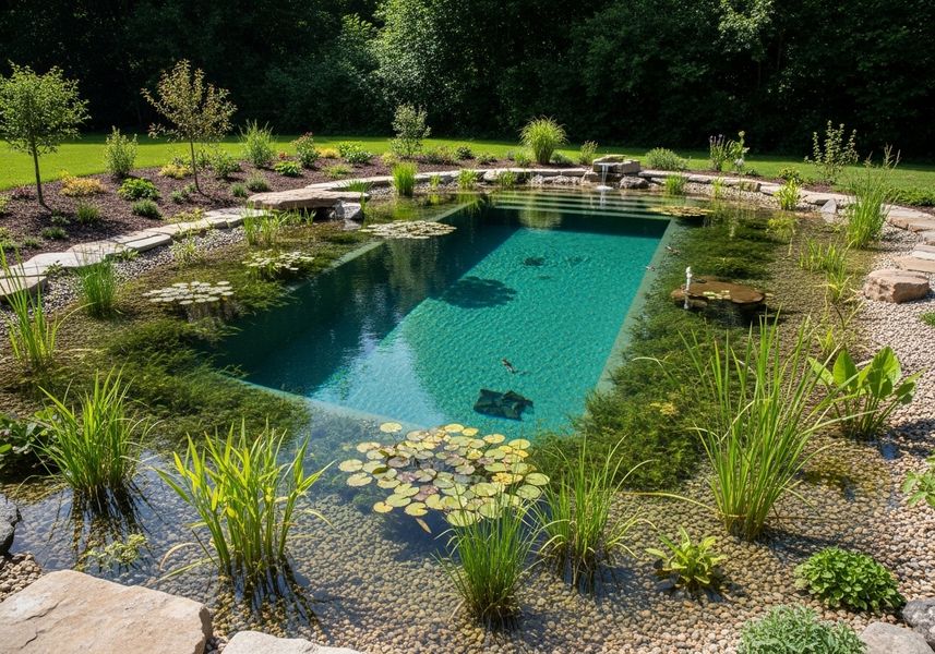 Overhead view of a rectangular natural swimming pool surrounded by lush greenery, aquatic plants like lily pads, and natural stone landscaping. Natural Swimming Pool with Aquatic Plants