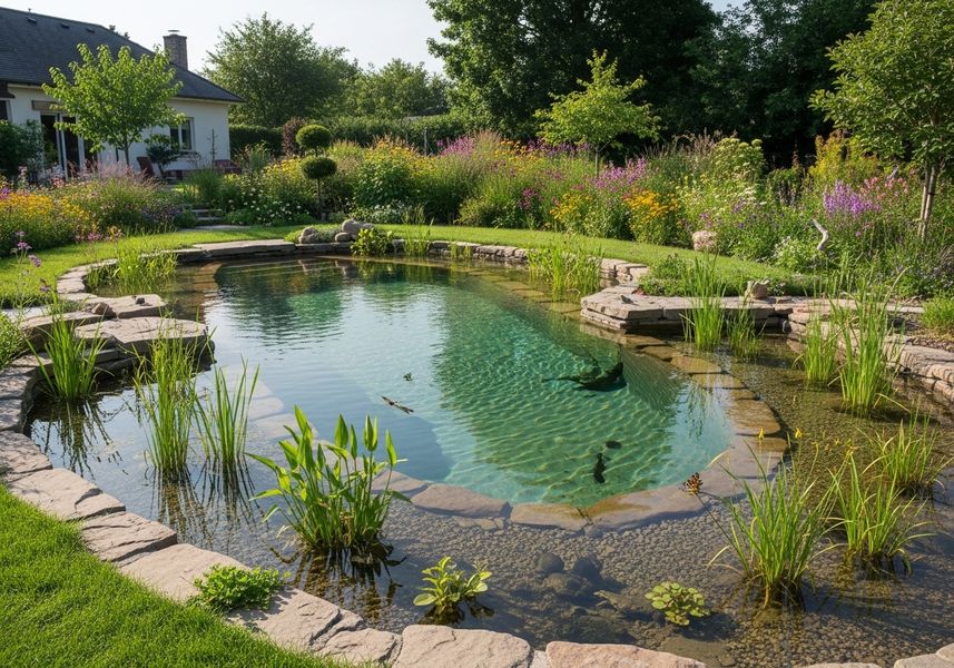 A serene natural swimming pond is surrounded by lush greenery and colorful wildflowers, with a stone edging providing a naturalistic transition from the lawn to the water. The pond features clear, turquoise-tinted water with visible aquatic plants and a pebble base, creating a tranquil and inviting backyard oasis. Natural Swimming Pond with Stone Edging