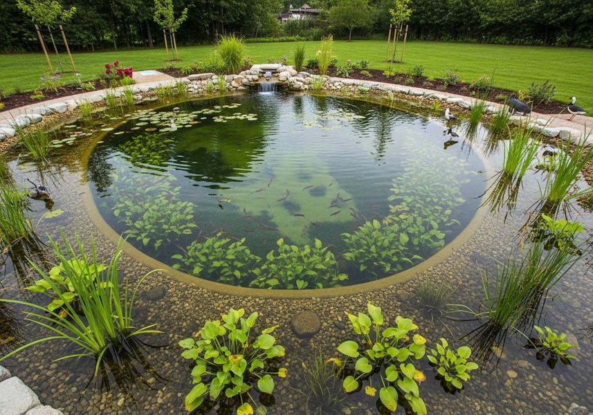 A high-angle, wide shot of a circular garden pond featuring clear water, aquatic plants, and fish swimming in the center. The pond is surrounded by a pebble-covered area with various green plants and decorative bird figurines near the edge. A stone-lined border contains the pond, with a small waterfall feature in the background and a well-maintained lawn beyond. The surrounding area is lush and green, providing a peaceful and natural setting. Garden pond with fish and plants