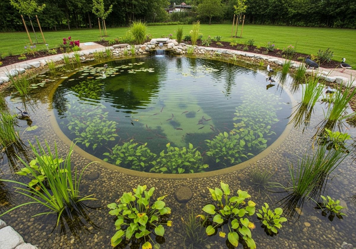 Garden pond with fish and plants