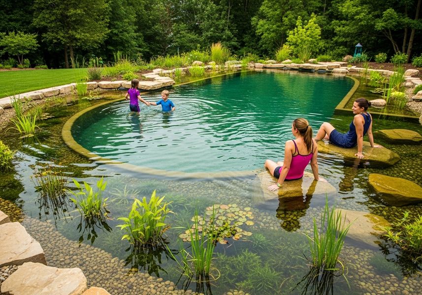 Family enjoying a natural swimming pool