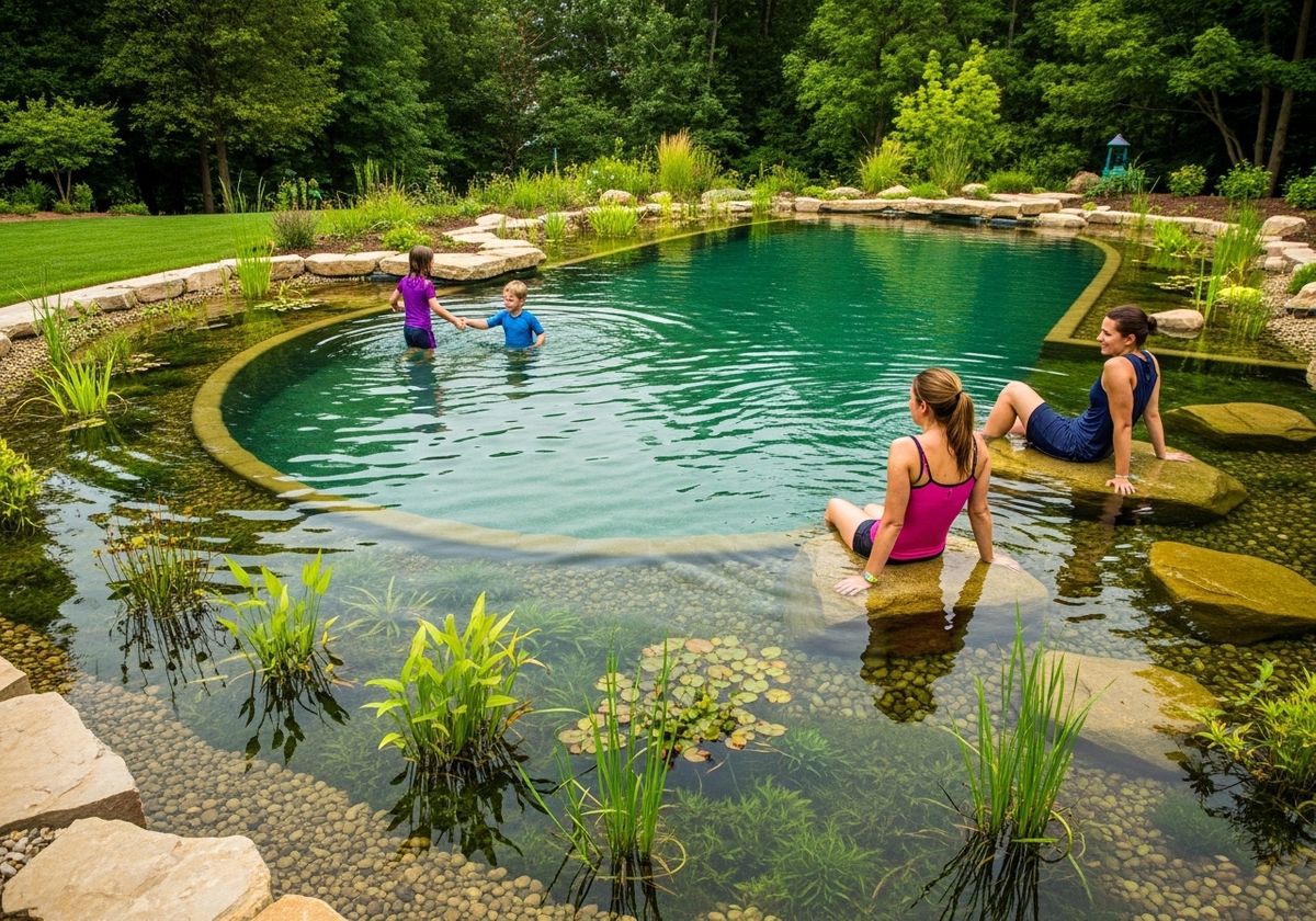 Family enjoying a natural swimming pool
