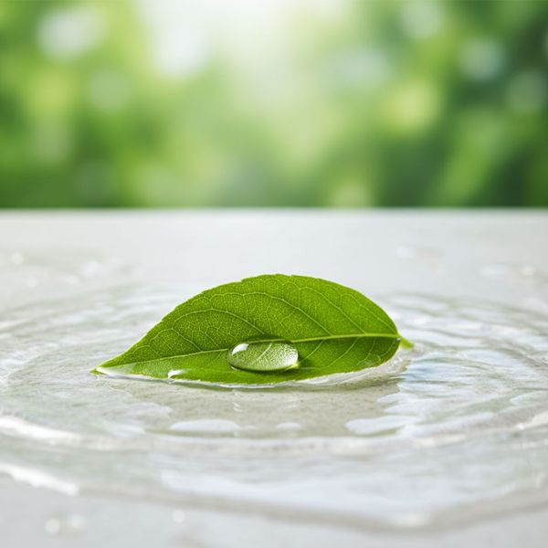 A green leaf and a drop of water symbolizing an eco-friendly plumbing solution.