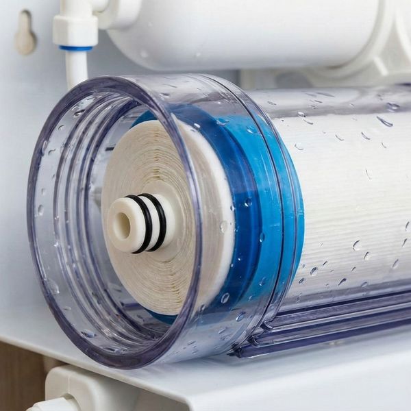 Close-up cross-section of a reverse osmosis semi-permeable membrane filtering out bacteria