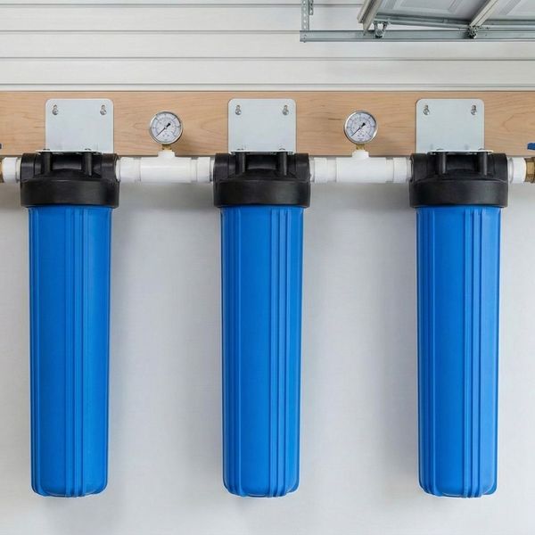 Three-stage whole house water filter installation