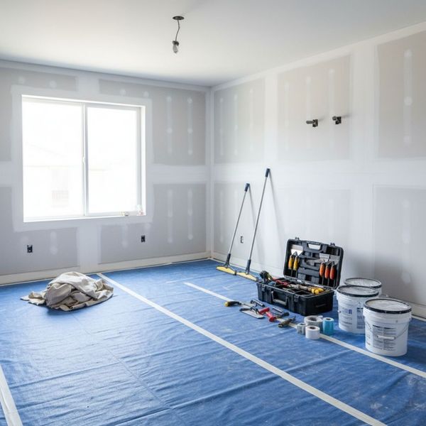 A tidy work area with clean floors and organized tools during a drywall project A tidy work area with clean floors and organized tools during a drywall project