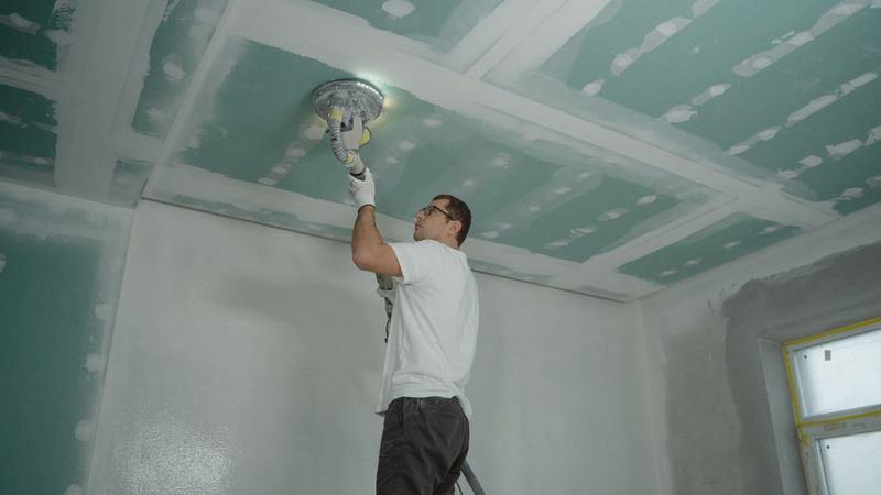 man working on drywall repairs in a home