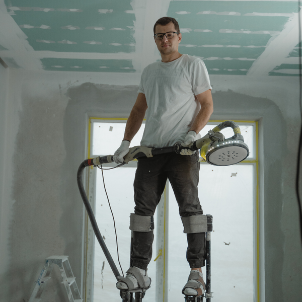 A man doing drywall standing on stilts 