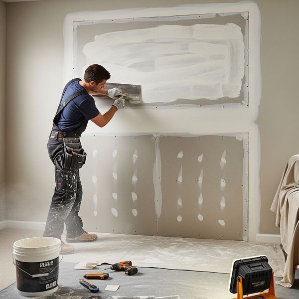 contractor repairing a large piece of drywall in a home