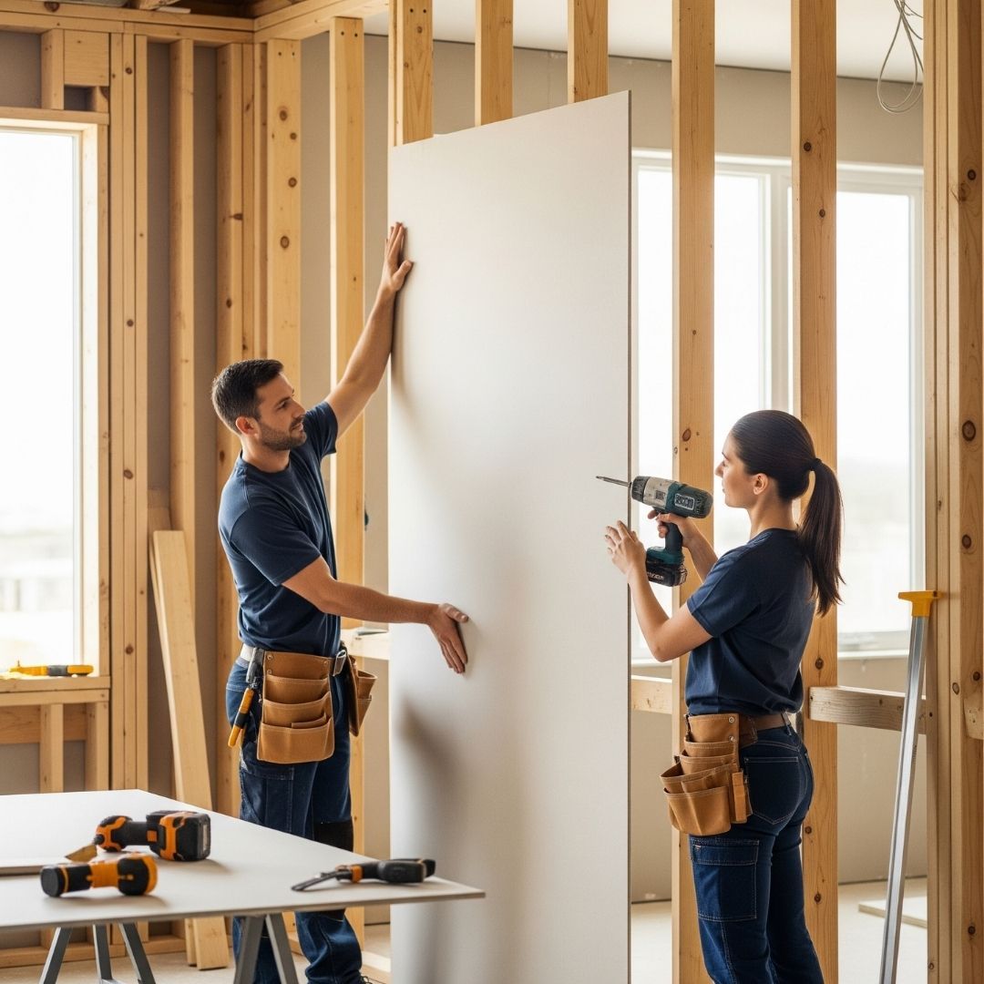 team hanging drywall sheet team hanging drywall sheet