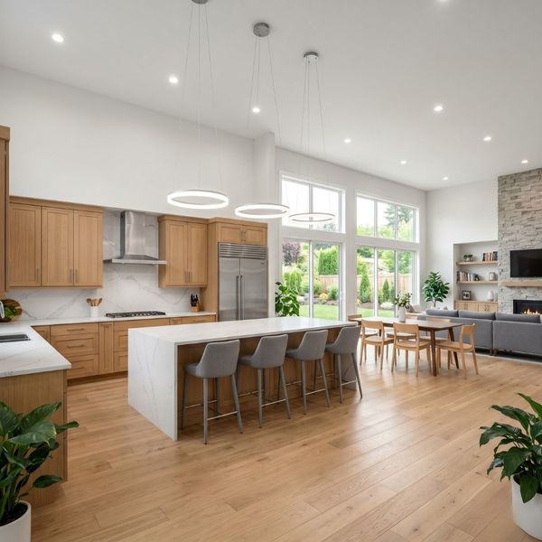 Spacious kitchen area showing the bright and airy effect of removing old popcorn textures for a flat finish.