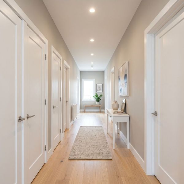 Clean and modern home hallway showcasing expert drywall finishing and a bright, updated ceiling surface.