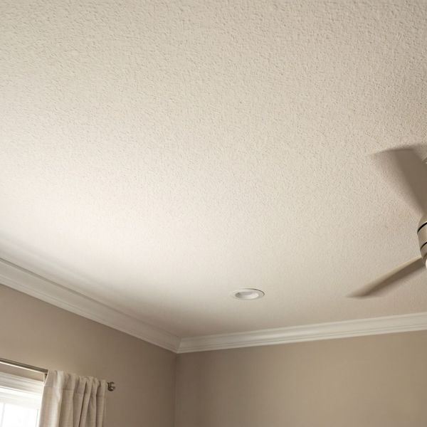 Close-up view of a professionally applied knockdown ceiling texture on a clean, white residential ceiling surface.