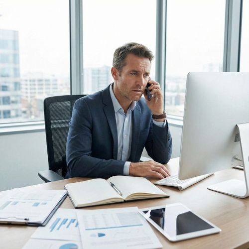 A concerned businessman in a suit sits at a desk in a bright office, holding a phone to his ear. He is looking at a computer screen and a notebook.