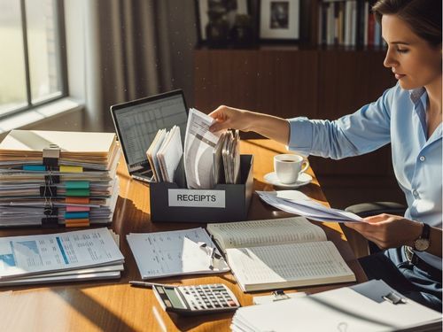 bookkeeper meticulously organizing financial documents on a desk with a laptop