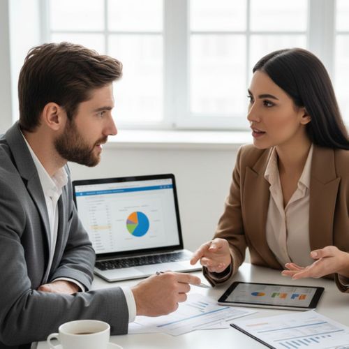 Two business professionals discussing financial reports and data on a tablet and laptop, symbolizing collaborative reconciliation.